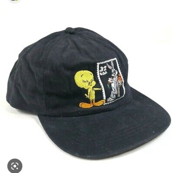 New Vintage Looney Tunes Stamp Collection Tweety Bird Bugs Bunny Cap Black - Picture 3 of 6
